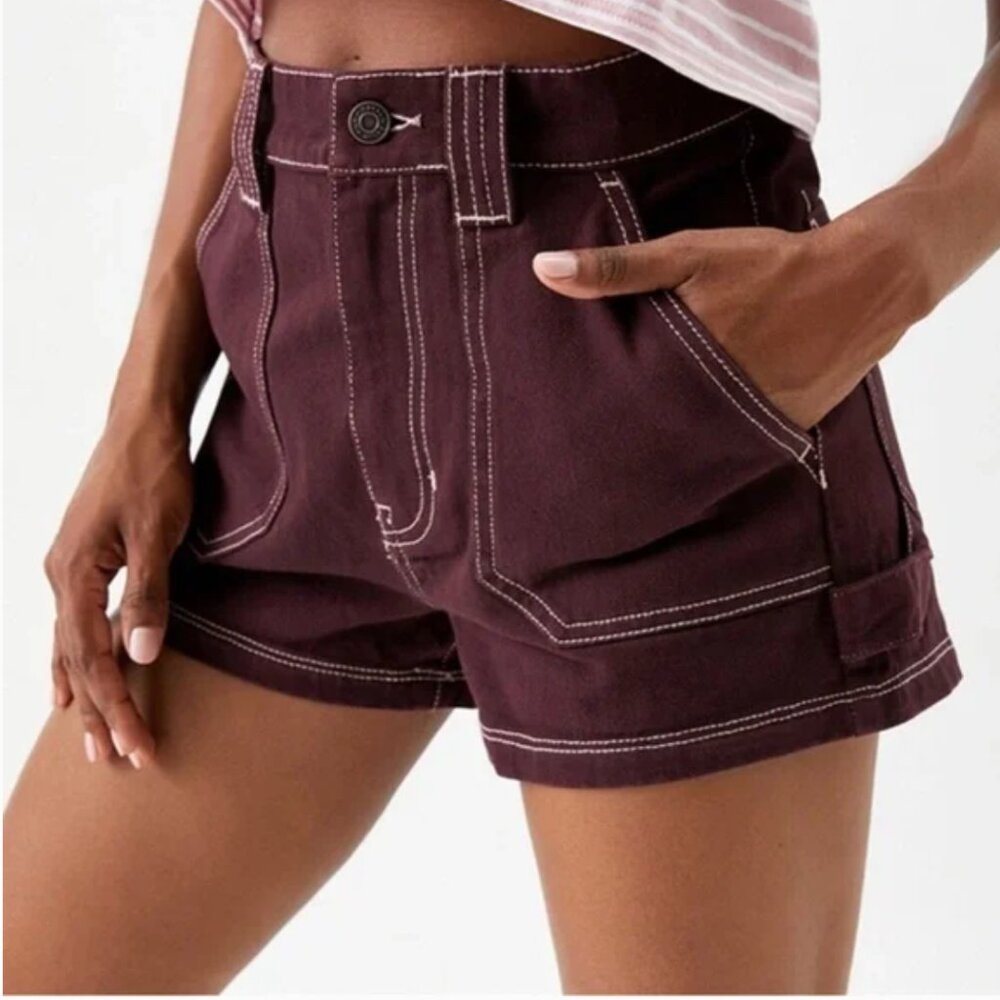 PACSUN BURGUNDY BOYSENBERRY CARPENTER UTILITY DENIM SHORTS SIZE 27 NWOT